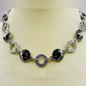 Faceted Black Hematite Crystals and Silver Tone Textured Rings Necklace. 15 inch
